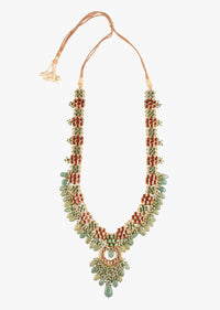 Green And Red Long Kundan Necklace With Green Semi Precious Drops And Bead Fringes