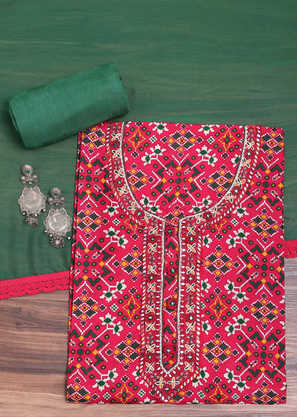 Green And Red Patola Printed Tussar Dress Material