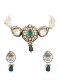 Green And Silver Uncut Polki Choker Set