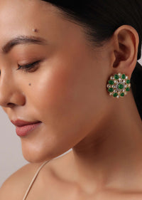 Green And White Beaded Studs With Kundan