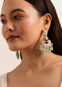 Green And White Kundan Dangler Earrings In Mix Metal