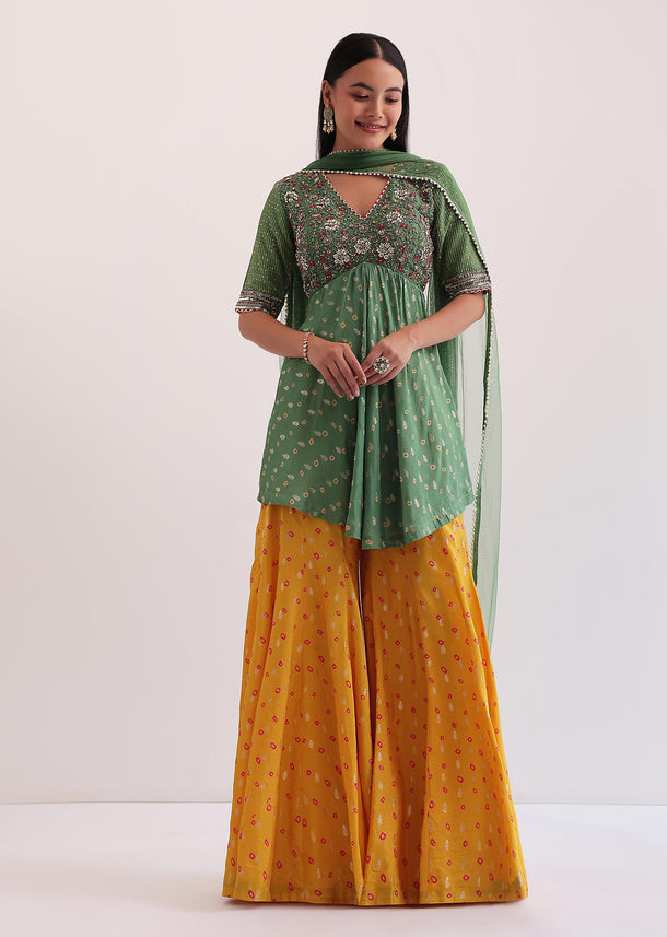 Green And Yellow Embroidered Palazzo Set