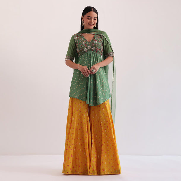 Green And Yellow Embroidered Palazzo Set