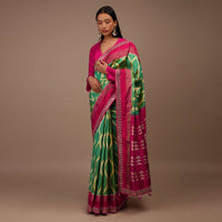 Green And Yellow Two Toned Saree In Silk With Pure Patola Woven Moroccan Jaal And Gotta Patti Embroidered Border