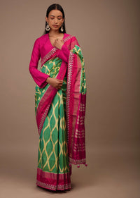 Green And Yellow Two Toned Saree In Silk With Pure Patola Woven Moroccan Jaal And Gotta Patti Embroidered Border