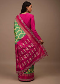 Green And Yellow Two Toned Saree In Silk With Pure Patola Woven Moroccan Jaal And Gotta Patti Embroidered Border