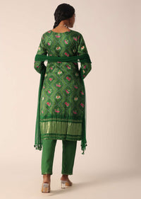 Green Banarasi Bandhani Pant Set With Sequin Embellishments