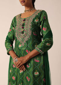 Green Banarasi Bandhani Pant Set With Sequin Embellishments