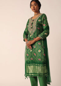Green Banarasi Bandhani Pant Set With Sequin Embellishments