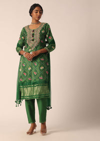 Green Banarasi Bandhani Pant Set With Sequin Embellishments