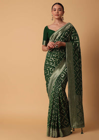 Green Banarasi Georgette Saree With Zari Bandhani Weave And Unstitched Blouse Piece