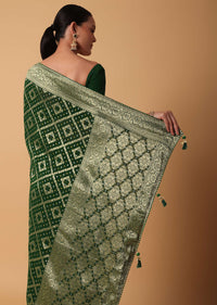 Green Banarasi Georgette Saree With Zari Bandhani Weave And Unstitched Blouse Piece