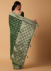 Green Banarasi Georgette Saree With Zari Bandhani Weave And Unstitched Blouse Piece
