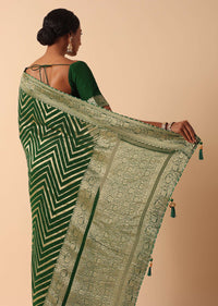 Green Banarasi Khaddi Saree With Unstitched Blouse Fabric