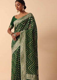 Green Banarasi Khaddi Saree With Unstitched Blouse Fabric