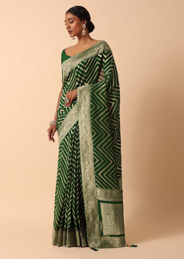 Green Banarasi Khaddi Saree With Unstitched Blouse Fabric