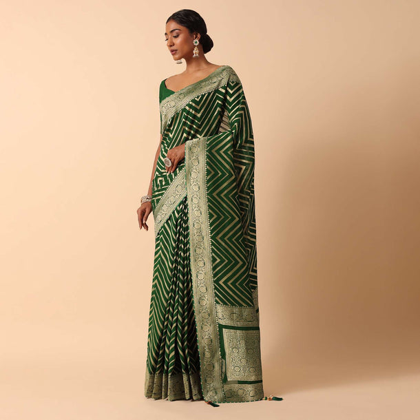 Green Banarasi Khaddi Saree With Unstitched Blouse Fabric