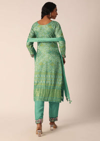 Green Banarasi Pant Set With Sequin Embellishments And Bandhani Print