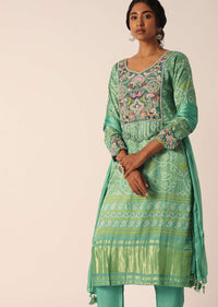 Green Banarasi Pant Set With Sequin Embellishments And Bandhani Print