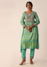 Green Banarasi Pant Set With Sequin Embellishments And Bandhani Print