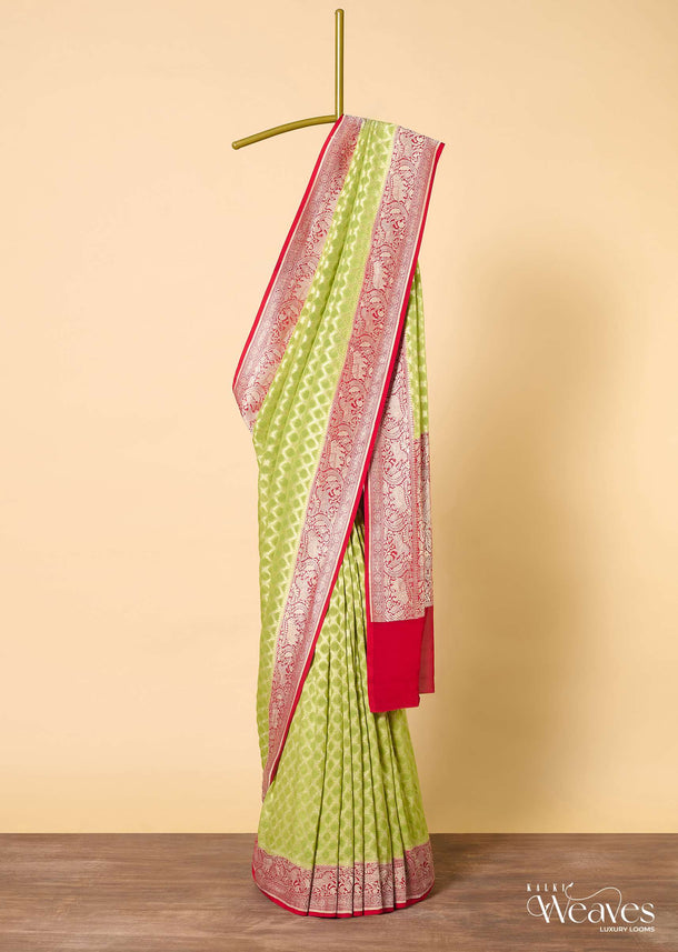 Green Banarasi Saree With Diagonal Zari Checks