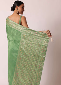 Green Banarasi Saree With Floral Motif Woven Pallu And Unstitched Blouse Piece