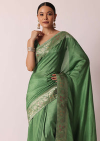 Green Banarasi Saree With Floral Motif Woven Pallu And Unstitched Blouse Piece