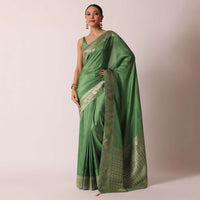 Green Banarasi Saree With Floral Motif Woven Pallu And Unstitched Blouse Piece