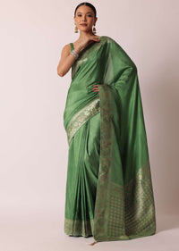 Green Banarasi Saree With Floral Motif Woven Pallu And Unstitched Blouse Piece