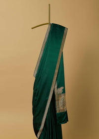 Green Banarasi Satin Crepe Saree With Zari Border And Unstitched Blouse Piece