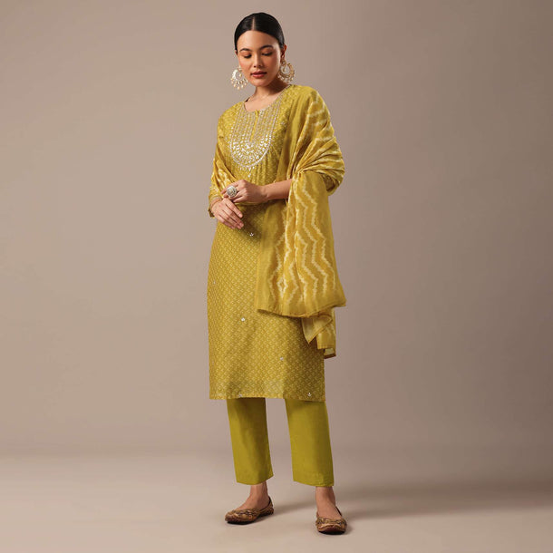 Green Bandhani Print Chanderi Kurta Set With Gota Lace