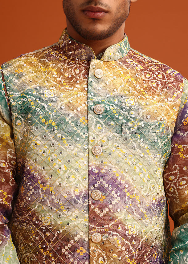 Green Bandhani Print Jacket Kurta Set In Georgette