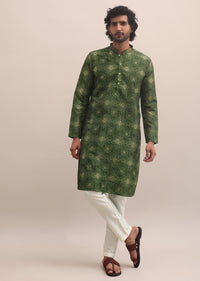 Green Bandhani Printed Cotton Kurta Set For Men