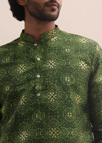 Green Bandhani Printed Cotton Kurta Set For Men