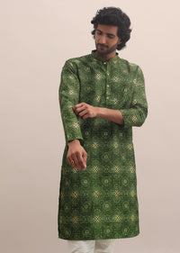 Green Bandhani Printed Cotton Kurta Set For Men