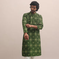 Green Bandhani Printed Cotton Kurta Set For Men