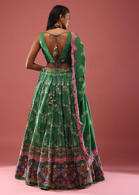 Emerald Green Bandhani Printed Lehenga With Scallop Printed Floral Hemline And Belt