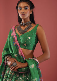 Emerald Green Bandhani Printed Lehenga With Scallop Printed Floral Hemline And Belt