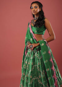 Emerald Green Bandhani Printed Lehenga With Scallop Printed Floral Hemline And Belt