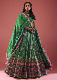 Emerald Green Bandhani Printed Lehenga With Scallop Printed Floral Hemline And Belt