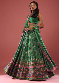 Emerald Green Bandhani Printed Lehenga With Scallop Printed Floral Hemline And Belt