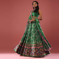 Emerald Green Bandhani Printed Lehenga With Scallop Printed Floral Hemline And Belt