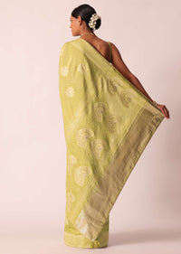 Green Bandhani Saree With Banarasi Detail And Unstitched Blouse Piece