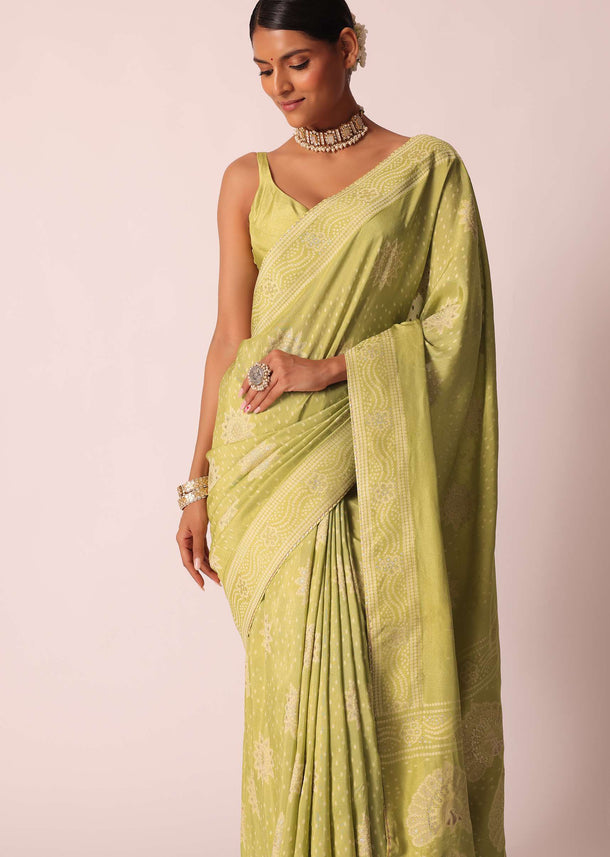 Green Bandhani Saree With Banarasi Detail And Unstitched Blouse Piece