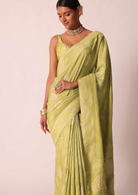 Green Bandhani Saree With Banarasi Detail And Unstitched Blouse Piece