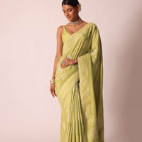 Green Bandhani Saree With Banarasi Detail And Unstitched Blouse Piece