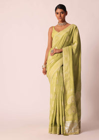 Green Bandhani Saree With Banarasi Detail And Unstitched Blouse Piece