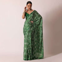 Green Bandhani Silk Saree With Gota Work And Unstitched Blouse Piece