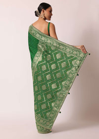 Green Bandhani Silk Saree With Woven Motif And Unstitched Blouse Piece