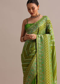 Green Bandhani Weave Saree With Thread And Zari Work